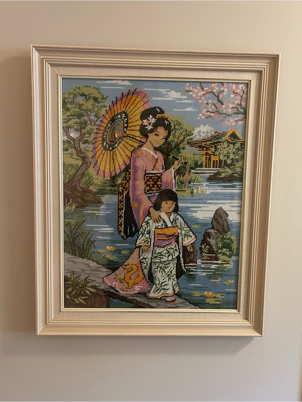 Vintage Framed Japanese Geisha Needlewor – Large Handmade Decor - Picture 5 of 12